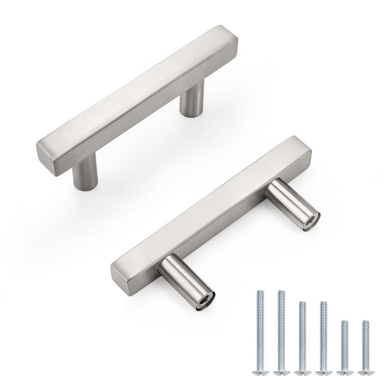 Probrico Cabinet Handles-Pack of 10 Satin Nickel 2-1/2inch (64mm) Hole Centers Square T Bar Kitchen Cabinet Handles Drawer Pulls for Kitchen Furniture Hardware - Image 1